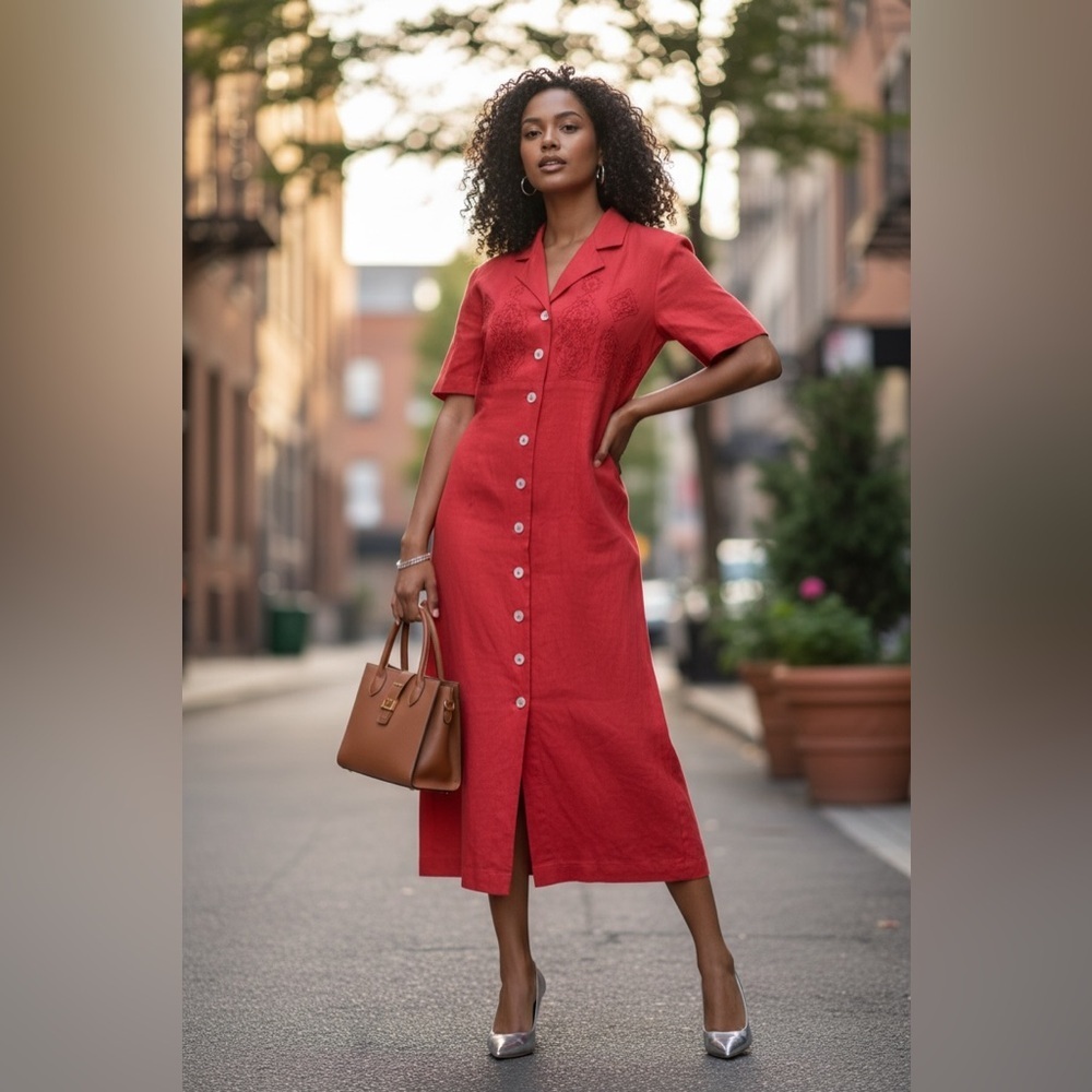 Elegant Red Button-Down Dress☑️